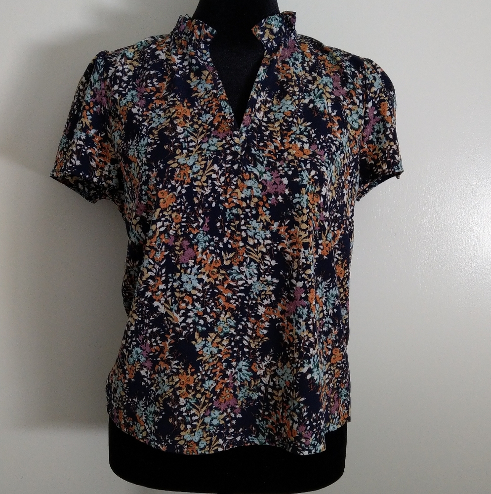 Floral Fitted Notched Collar Blouse Short Sleeve